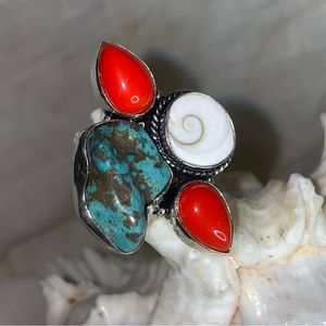 Turquoise + Red Corral + Shiva Cluster Handmade statement Ring